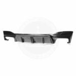 Black car rear diffuser with aerodynamic fins.