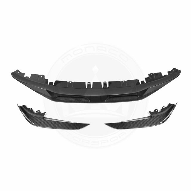 Three black aerodynamic car bumper splitters arranged horizontally.
