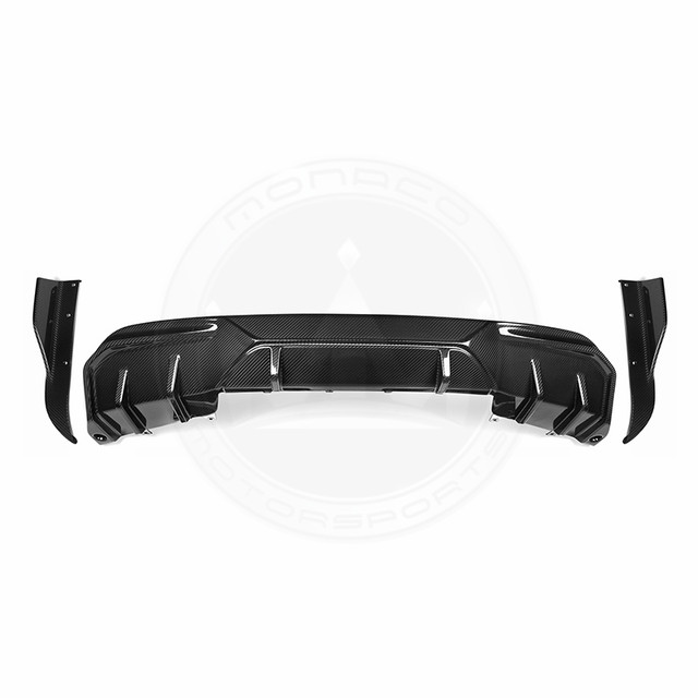 Black car rear diffuser with side extensions.
